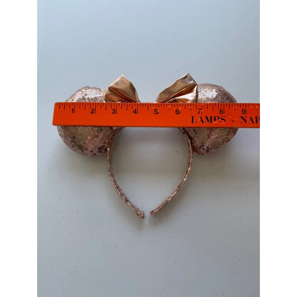 Disney Parks Minnie Mouse Rose Gold Sequin Ears Headband Metallic Bow Accessory